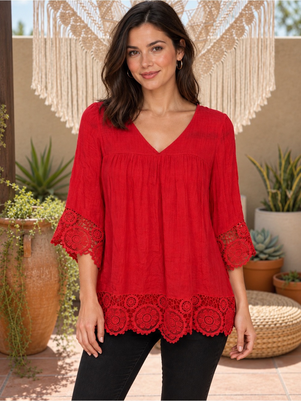 NWT fyve V-Neck Lace-Hem Blouse in Deep Watermelon color Size Medium